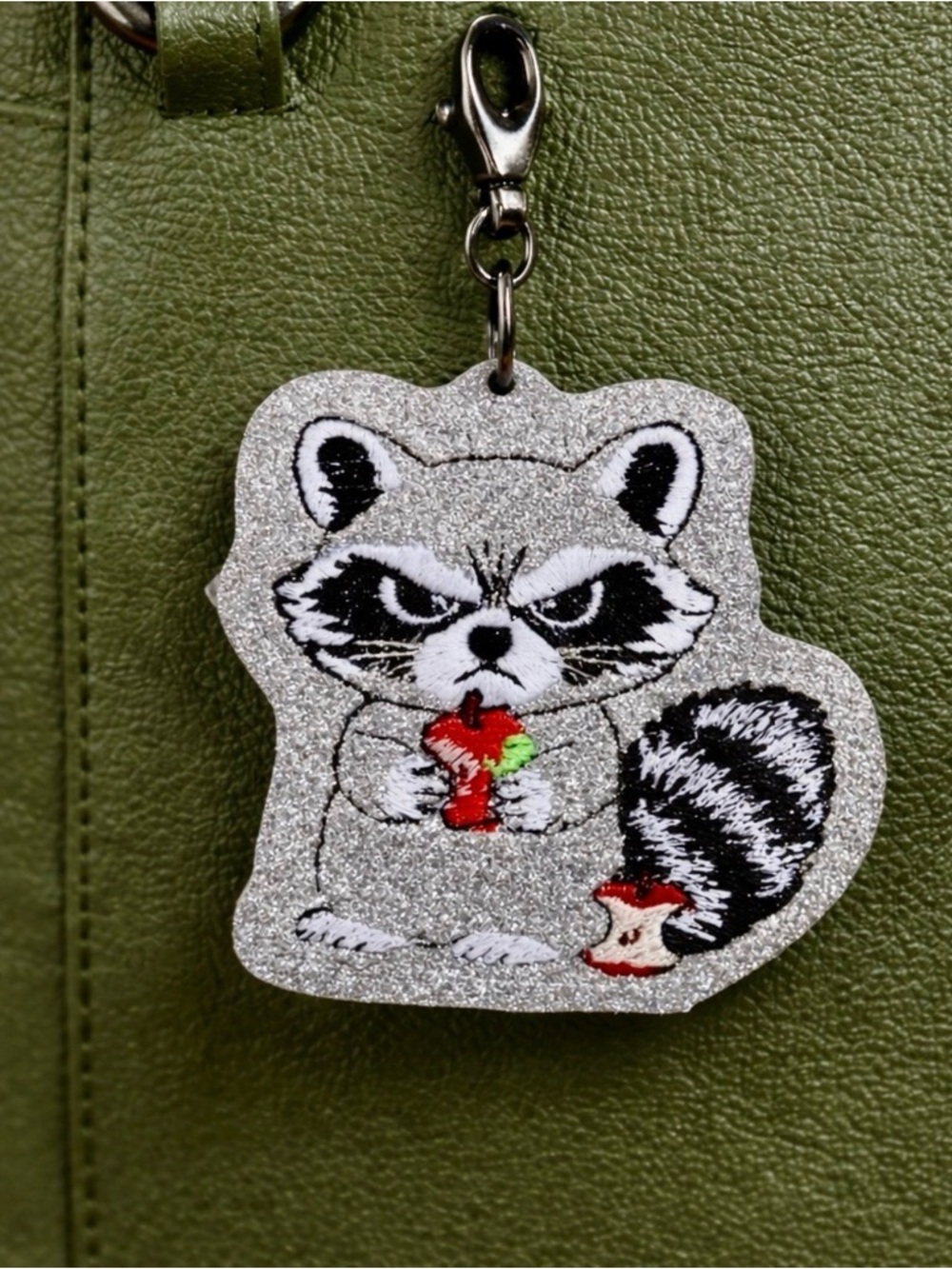 Glitter Raccoon Machine Embroidered Keychain Charm Bag Accessory DIY Craft Gift